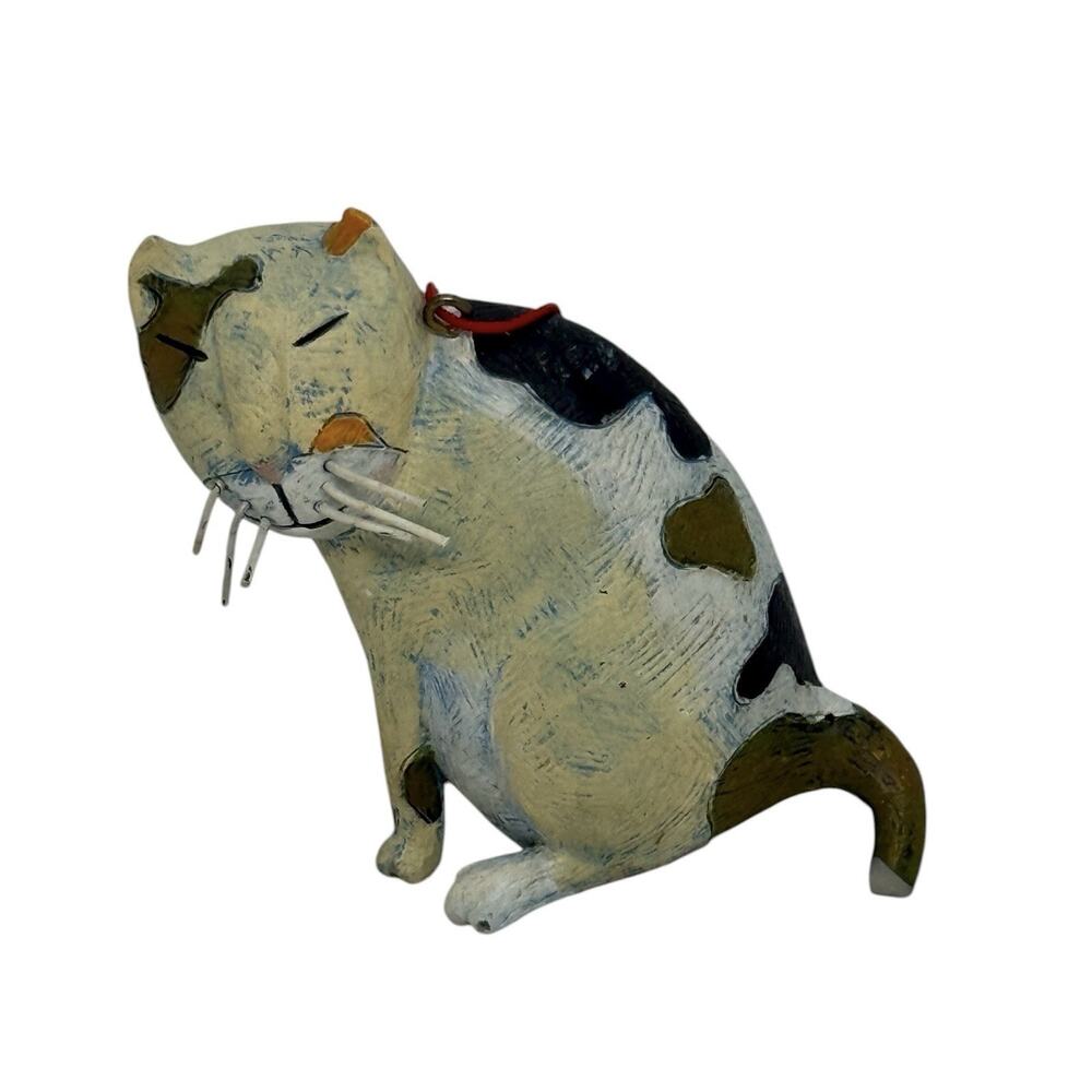 Handcrafted Folk-Art-Style Cat Figurine 3” Ornament Seated Calico Pattern
